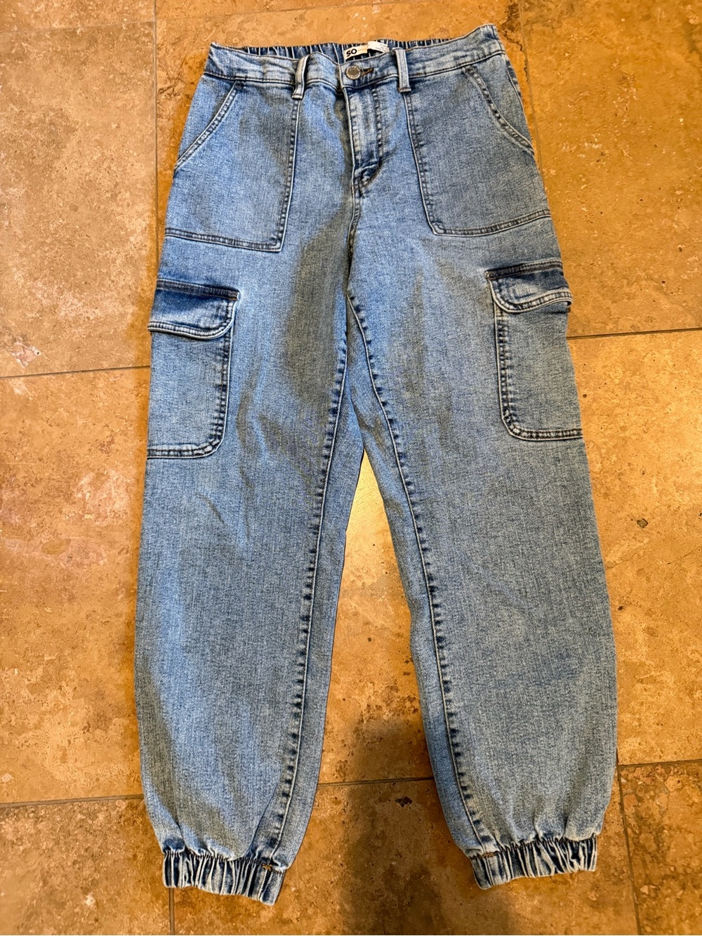 SO Light Blue Women's Relaxed Cargo Jeans with Elastic Cuffs